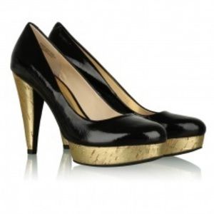 Michael Michael Dermott Kors Black Leather w/Gold Kork Platform Cone Heels